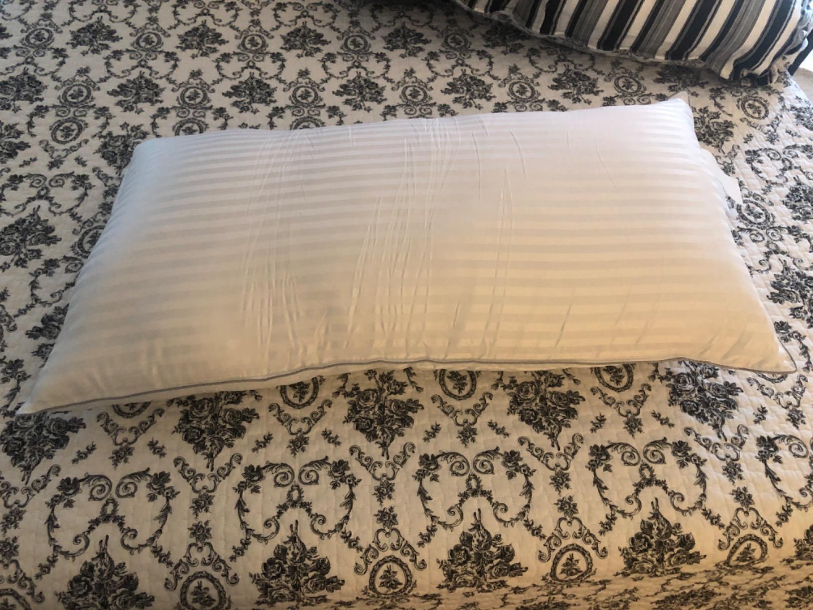 A Basic Beyond King Size Bed Pillow is shown on a bed adorned with a white and black pattern for a product review.