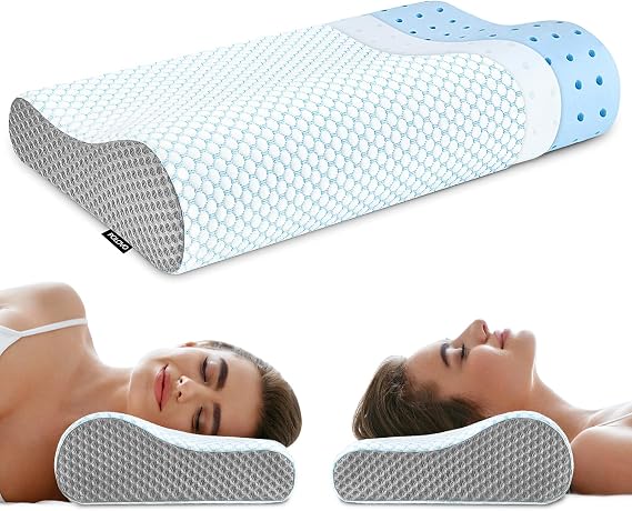 The Ergonomic Pillow for Neck features a soft blue cover and memory foam for optimal support and comfort.