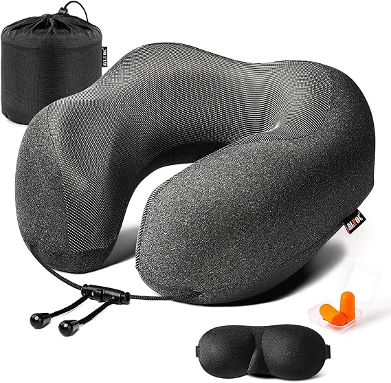 MLVOC Travel Pillow with ear plugs and travel bag, perfect for comfortable travel and restful sleep on the go.