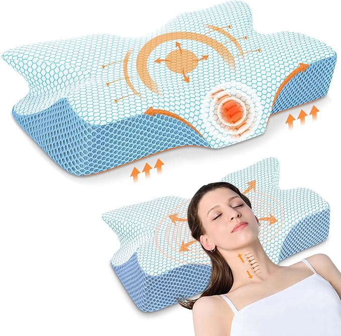 A woman rests on a pillow featuring an air pillow design, showcasing the Anvo Cervical Pillow for comfort and support.